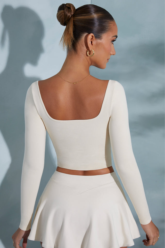 Rounded Square Neck Long Sleeve Top in Ivory