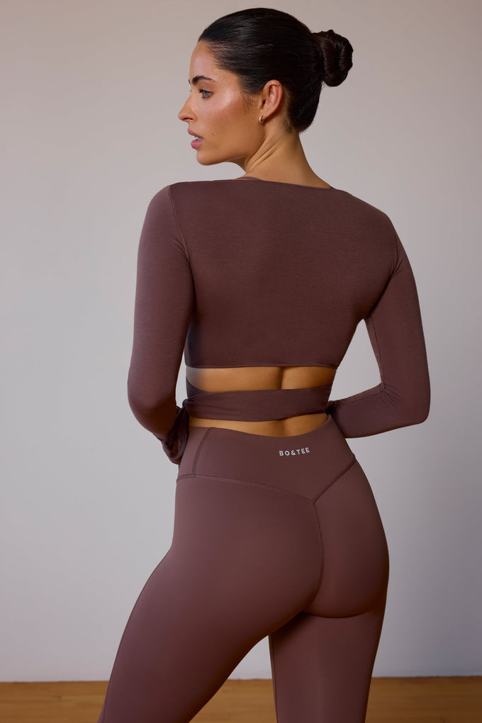 Long-Sleeve Wrap Crop Top in Taupe Brown